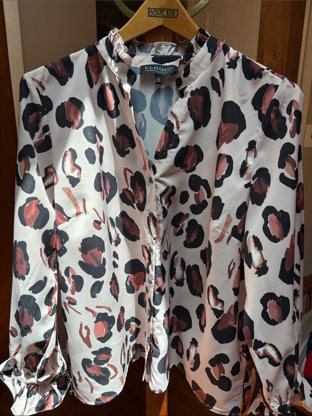Eloquii Cream abstract black, rust and pink -Print Ruffle Collar Blouse V neck16